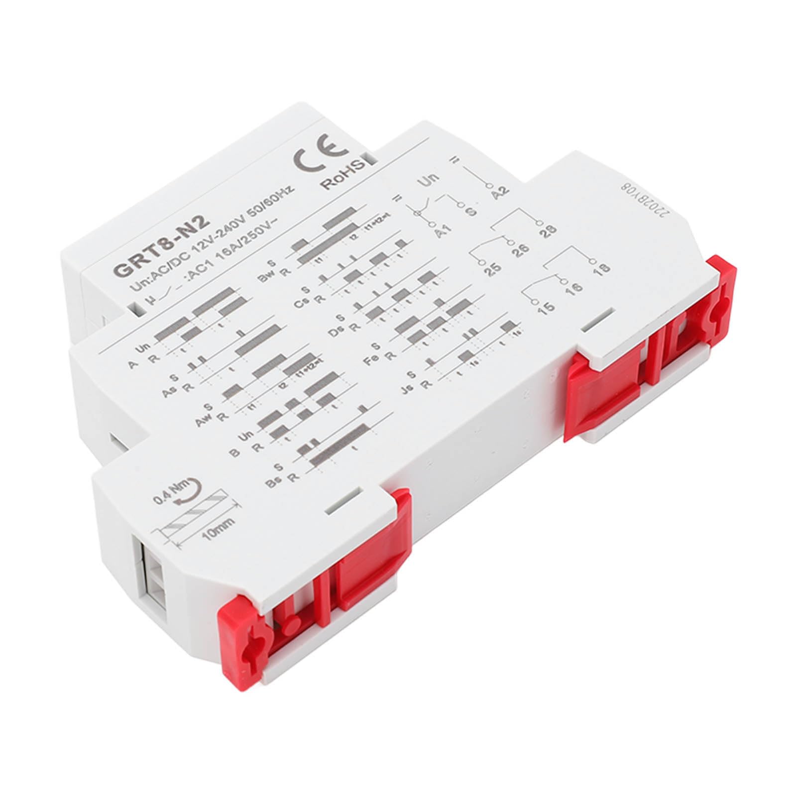 Relé temporizador multifuncional con retardo ajustable de 0,1 s a 10 días, indicador LED, carcasa de ABS ignífuga, montaje en riel DIN para sistemas de control industrial,