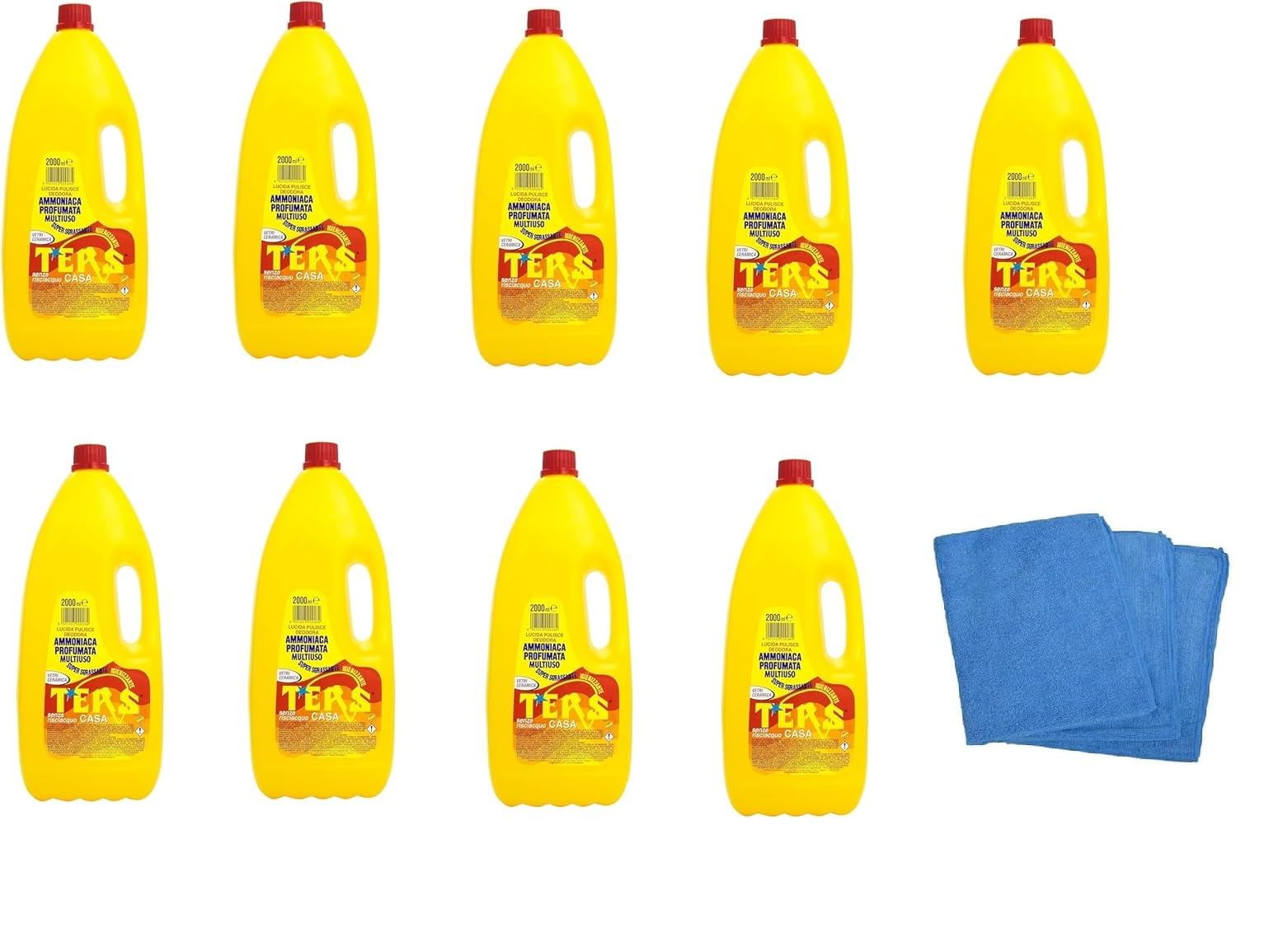 Mille Idee – 9 Pezzi Ammoniaca Profumata Multiuso Ters Casa 2000 ml [Totale 16 Litri] + 1 Straccio | Super Sgrassante, Igienizzante, Senza Risciacquo, Per Vetri e Ceramica
