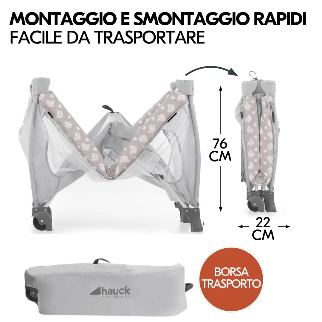 hauck Lettino Da Viaggio Sleep N Play Center Set con Materasso Comfort e Zanzariera | Lettino Campeggio Neonato con Fascia Rialzata, Fasciatoio e Borsa Trasporto - Teddy Grey