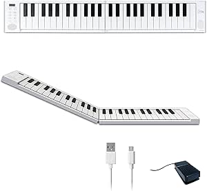 Carry-on 49 Key Folding Piano - Ultra-Portable Digital Keyboard with 128 Voices and USB MIDI Connectivity - Travel Piano Keyboard Perfect for Practice, Travel, and Performances - White