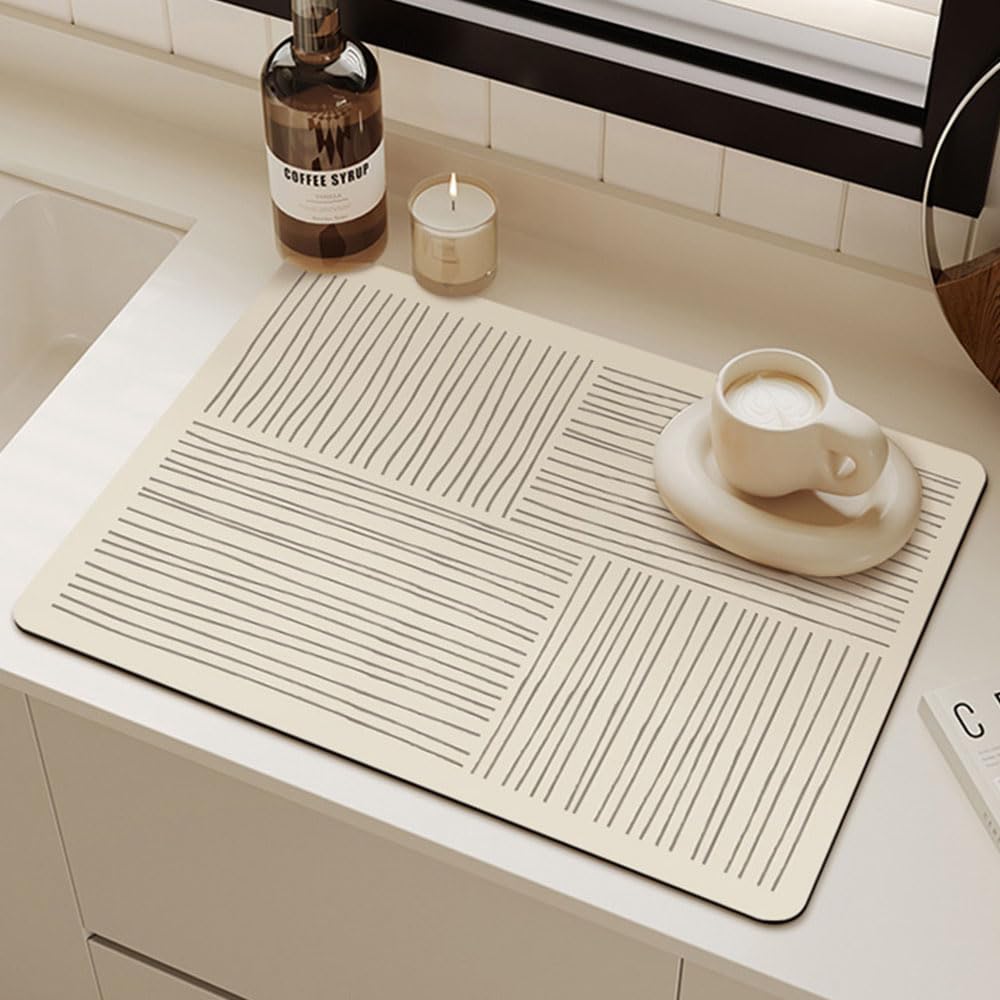 Hixingo Quick Drying Dish Drying Mat, Absorbent Draining Board Mats Line Coffee Mat, Non-Slip Draining Mat for Kitchen Diatomaceous Dish Drainer Mat (40x50cm,Horizontal Line)