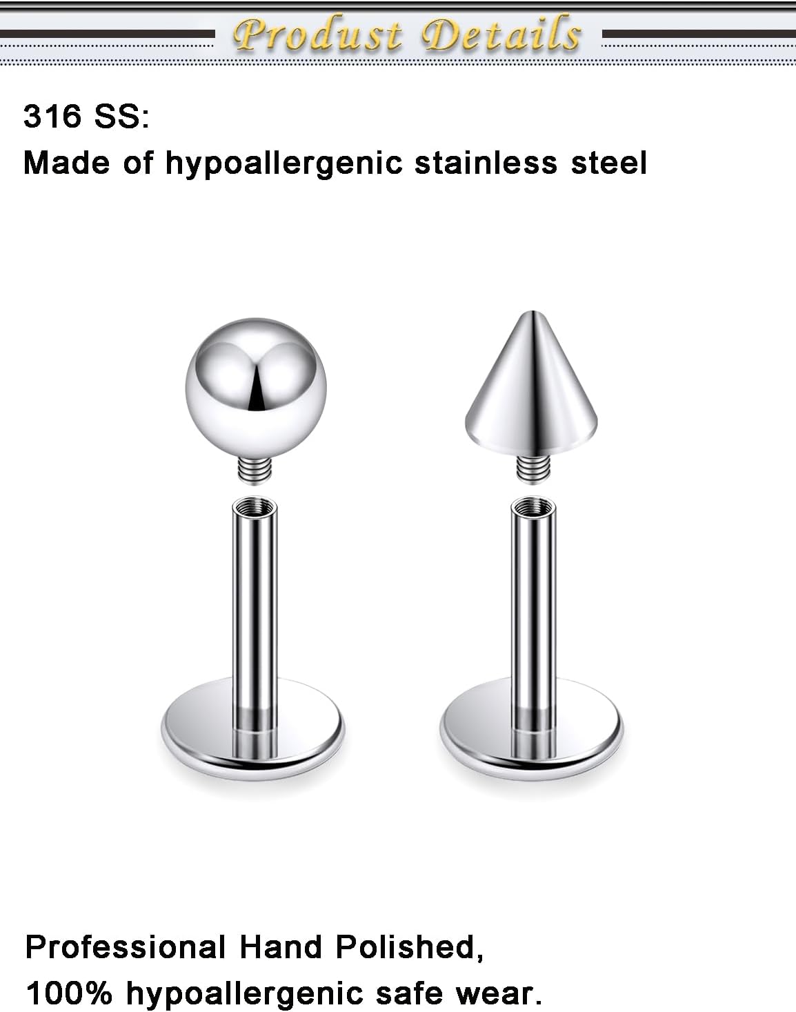 16G Labret Piercing Jewelry Internally Threaded Surgical Steel Monroe Piercing Lip Rings Studs Snake Bite Jewelry for Women Men Bar Length 6mm/8mm/10mm - Image 3