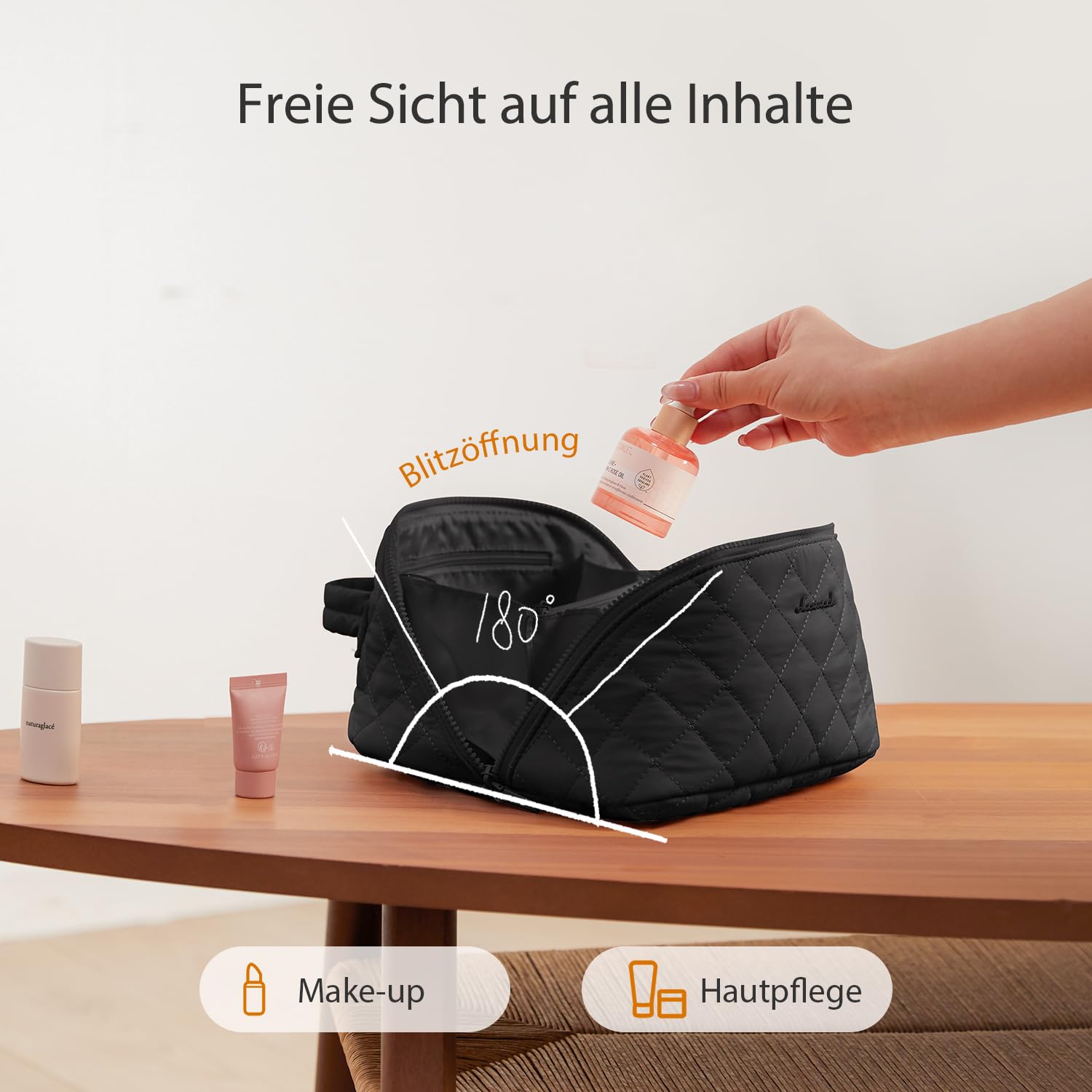 LOVEVOOK Kosmetiktasche Damen, Kulturtasche Organizer mit fächern, Wasserdichter Puffer Kulturbeutel, Schminktasche mit 180°-Flachdesign Groß, Wäschemaschinenfeste Make up Tasche für Reisen, Schwarz