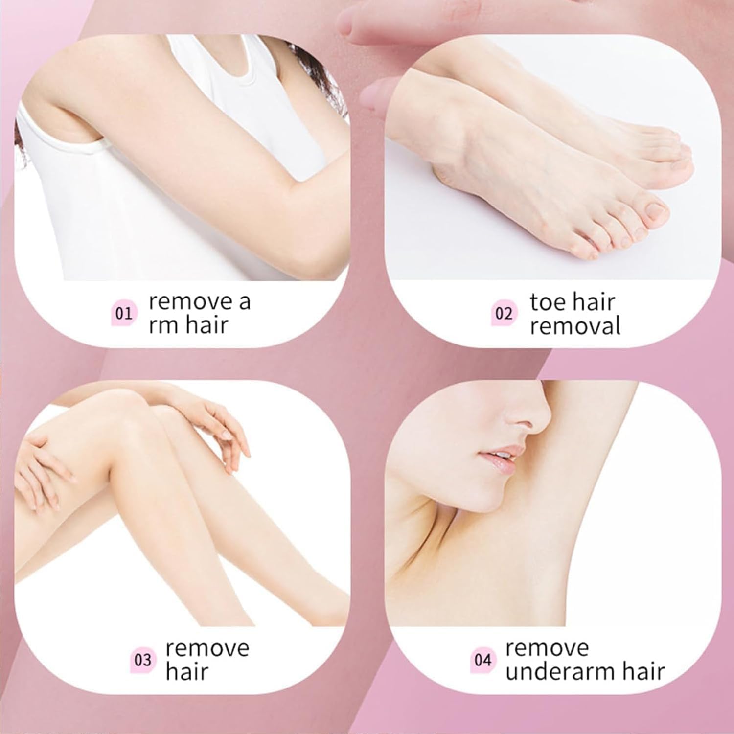 Image showing various body parts where the Lumisylk Pro Facial Epilator can be used, including face, armpit, arm, and eyebrow.