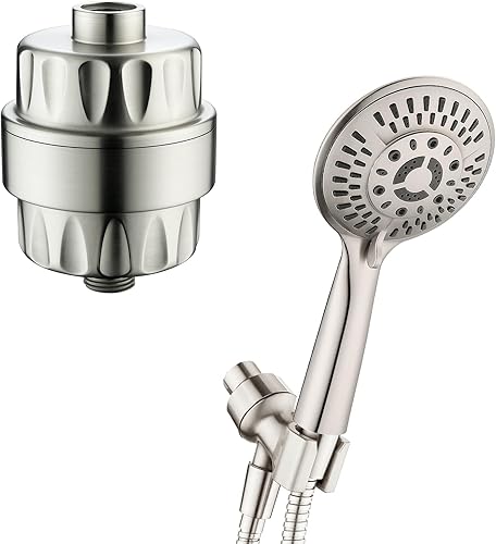 BRIGHT SHOWERS Juego de cabezal de ducha de mano con 9 ajustes de pulverización con filtro de ducha de alto rendimiento para agua dura, níquel