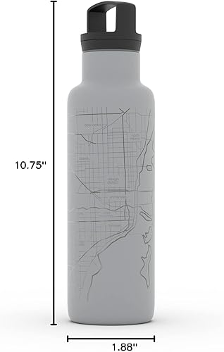 Miniatura 903 de Well Told Botella de agua aislada con mapa Chicago Illinois, grabado de acero inoxidable (21 onzas, gris muelle) botella aislada de mapa