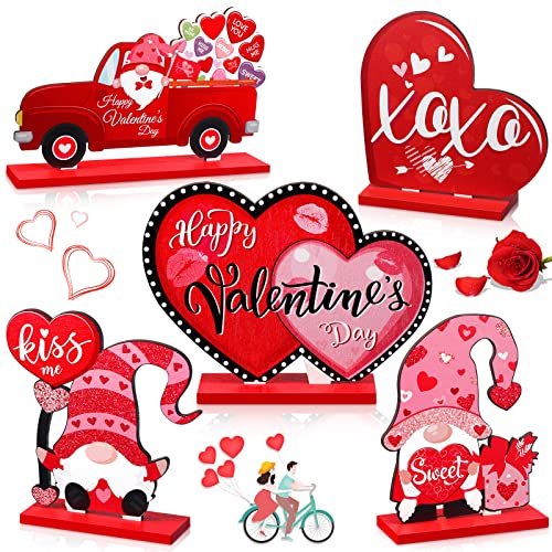 Capoda 5 Pieces Valentine's Day Wooden Table Sign Decoration Freestanding Table Centerpiece Sign Romantic Truck Heart Shape Home Decor Tiered Tray Gnome Valentines Day Accessories(Red)