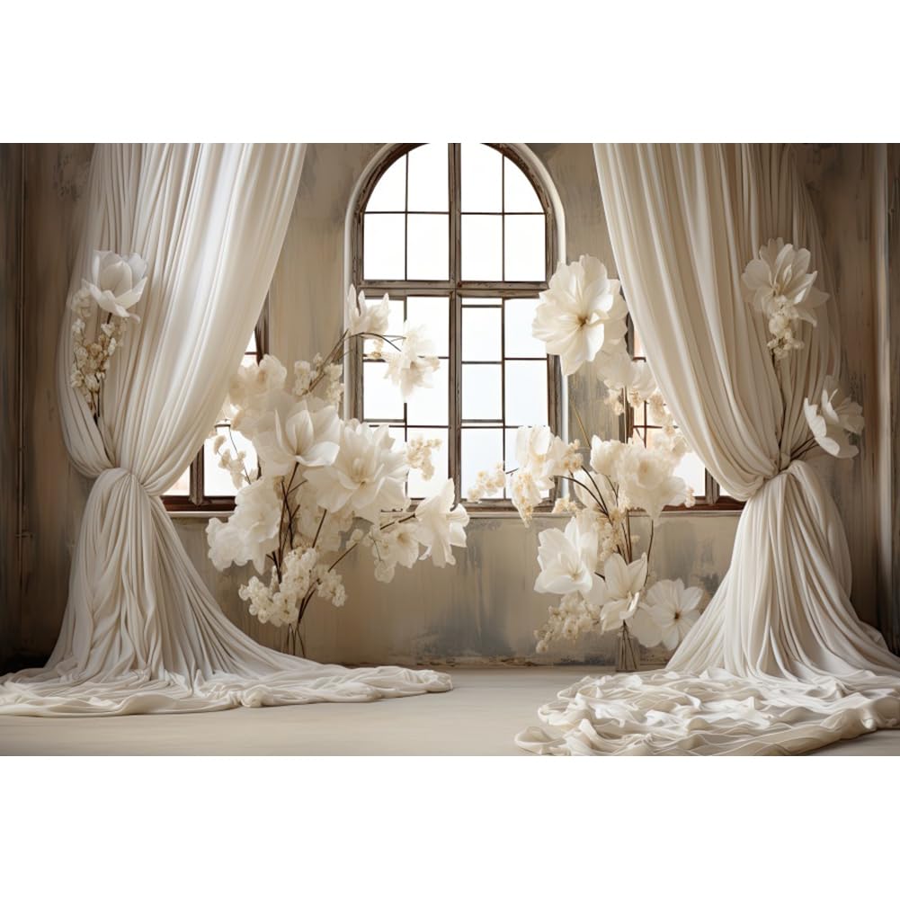 DORCEV 8x6ft Wedding Party Decorations Banner Backdrop Wedding Reception Photography Backdrop White Floral Flowers Curtains French Frame Photo