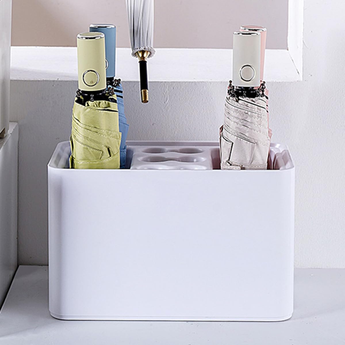 Multi-use Umbrella Stand with Removable Drip Tray Space-Saving Entryway Storage Rack for Wet and Dry Umbrellas Canes Rounded Corners Pearl White Finish Home and Office Organizer