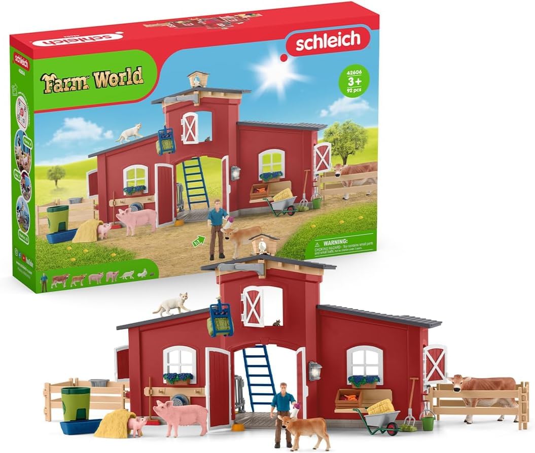 SCHLEICH Farm World - 92 PC Red Barn Farm Playset with Animals, Farmer and Accessories with Movable Pieces - Realistic Barnyard Animal Figurines - Fun Educational Toys for Kids and Toddlers Ages 3+