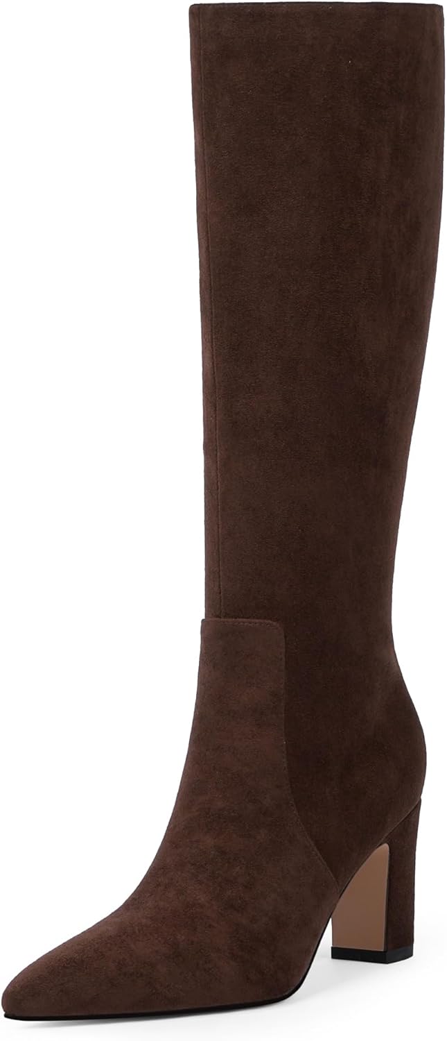 Knee High Boots for Women 3-Inch Chunky Heel Pointed Toe Side Zipper Fall Boots Dressy Comfortable Fashion