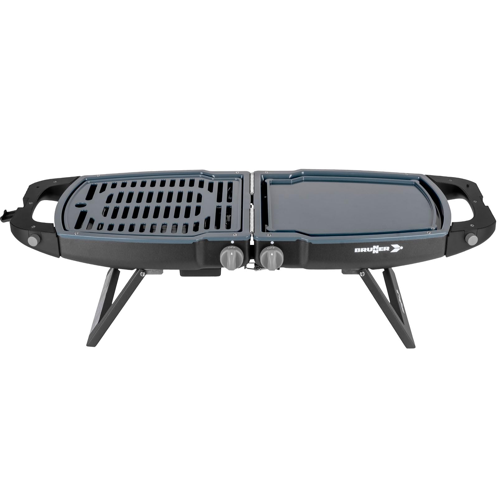 BRUNNER MARIPOSA Camping-Grill, kompakter klappbarer Tischgrill mit 2x Grillplatte, für 2-4 Personen, Gasgrill für Wohnmobil, Wohnwagen, Zelt, Garten oder Balkon mit passendem Gasregler+Gasschlauch 2m