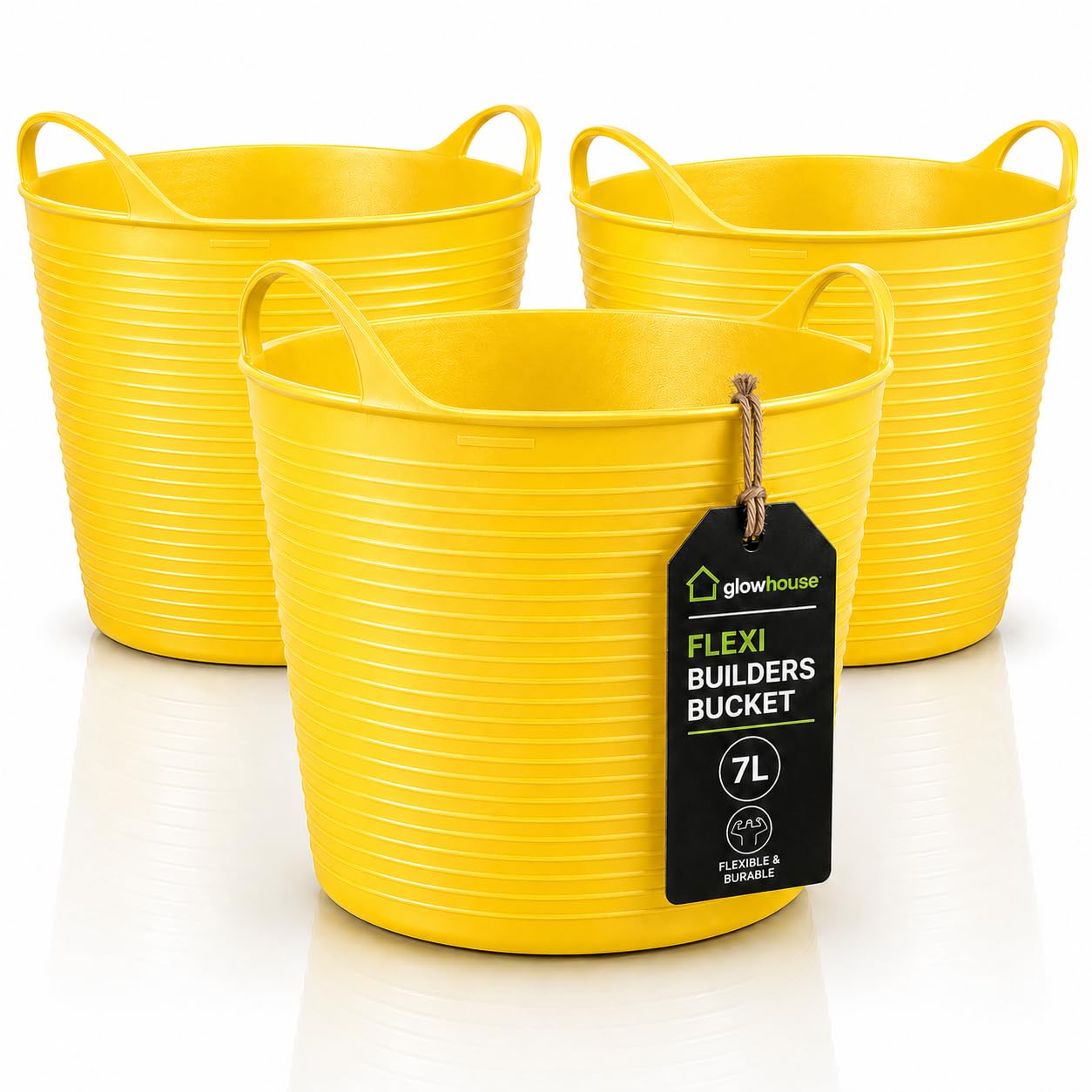 Flexi Buckets Heavy Duty Flexible Tub Trug Strong Multi-Purpose Garden, Stable, Feed, Cleaning & Storage Bucket Durable Carry Handles for Home, Garden, DIY & Outdoor Use (Yellow, 7 Litres Pack of 3)
