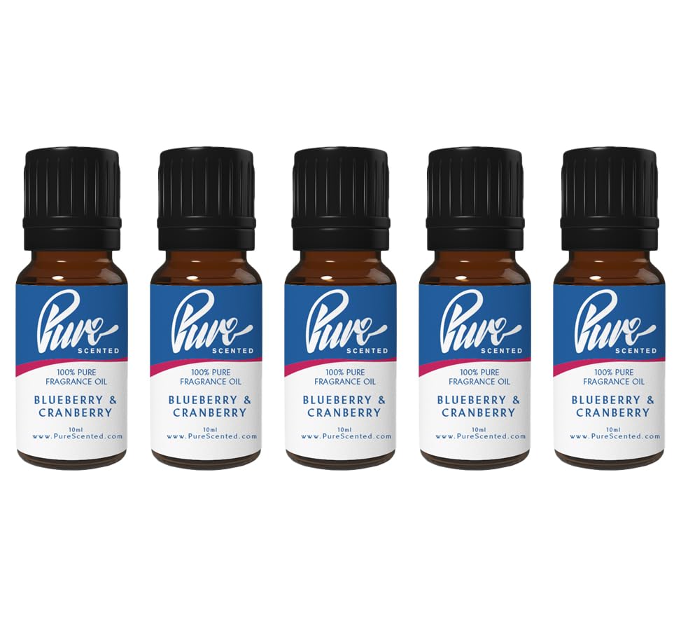 Pure Scented 50ml Fragrance Oils - 5 x 10ml Suitable for Candles, Soaps, Slime, Diffusers, Cosmetics, Wax Melts, Designer (5 x 10ml, Blueberry & Cranberry)