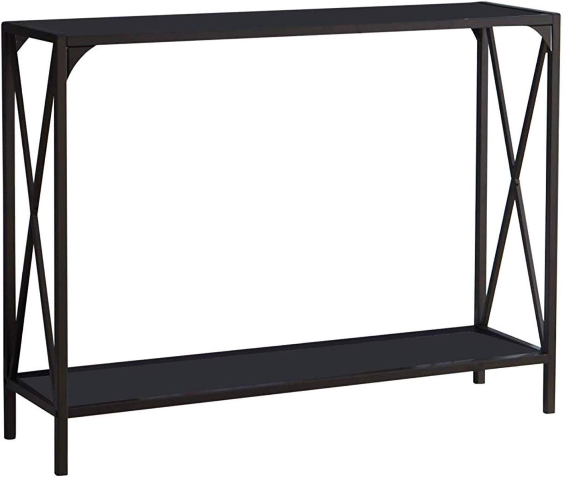 Pilaster DesignsAllegheny Entryway Sofa Console Table, Pewter Metal Frame & Black Glass Top, Modern With Storage Shelf