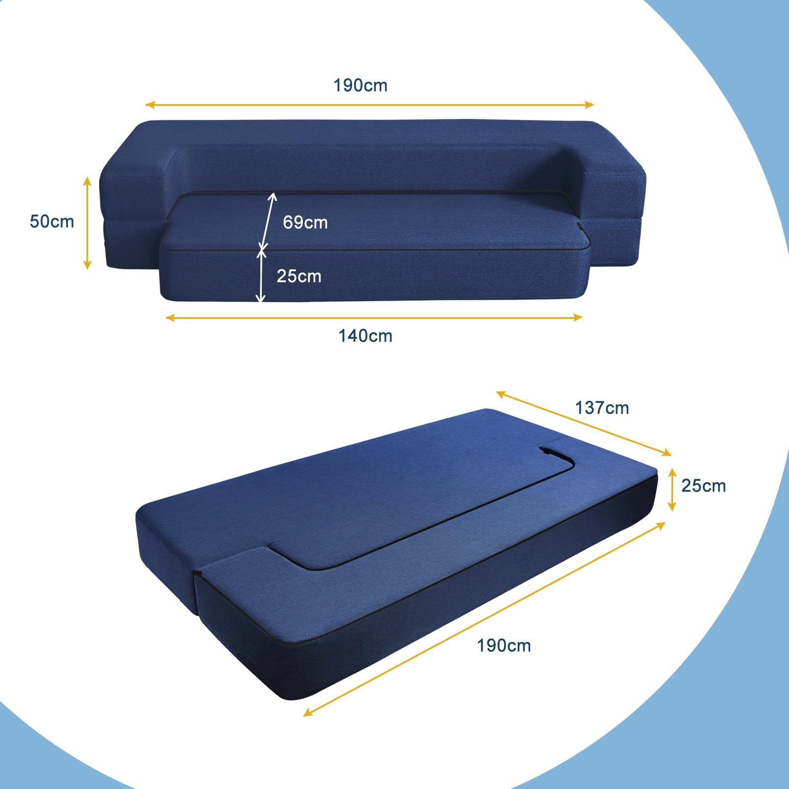 ANONER Divano Pieghevole Letto, Letto Per Gli Ospiti、Sedile Per Due Persone Cotone di Memoria,Confortevole e Spazioso，Ldeale per Case e Appartamenti di Piccole Dimensioni, Blu Scuro
