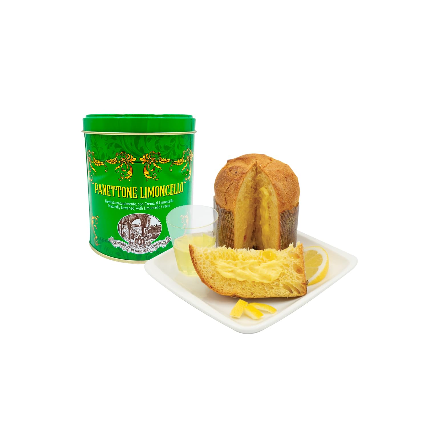Chiostro di Saronno Handwerklicher Mini-Panettone mit Limoncello-Creme 100 g, Langsam Fermentierter Panettone, Limoncello-Panettone, Ohne Kandierte Früchte und Sultaninen, Grüne Blechdose