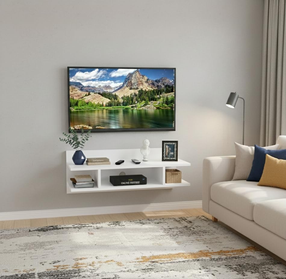 Image of Engineered Wood Set Top Box Stand | Wall Mounted TV Unit Shelf for Router, WiFi, DVD, Gaming Console | Sturdy & Space Saving TV Accessory Organizer (Brown, 50 x 20 x 15 cm) (White)