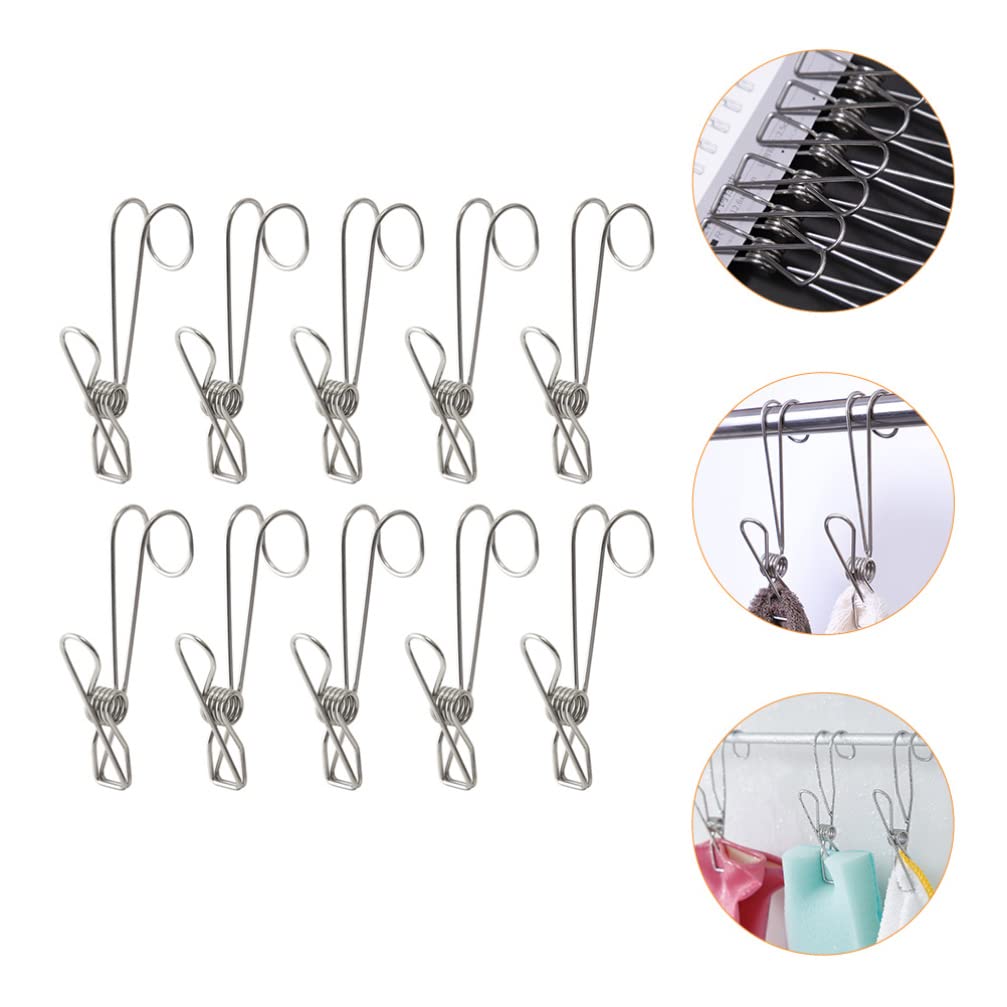 HEMOTON 10 Stück Edelstahl Metall lange Schwanz Clip mit Haken Kleidernadeln hängen Universal Clips für Küche Bad Büro