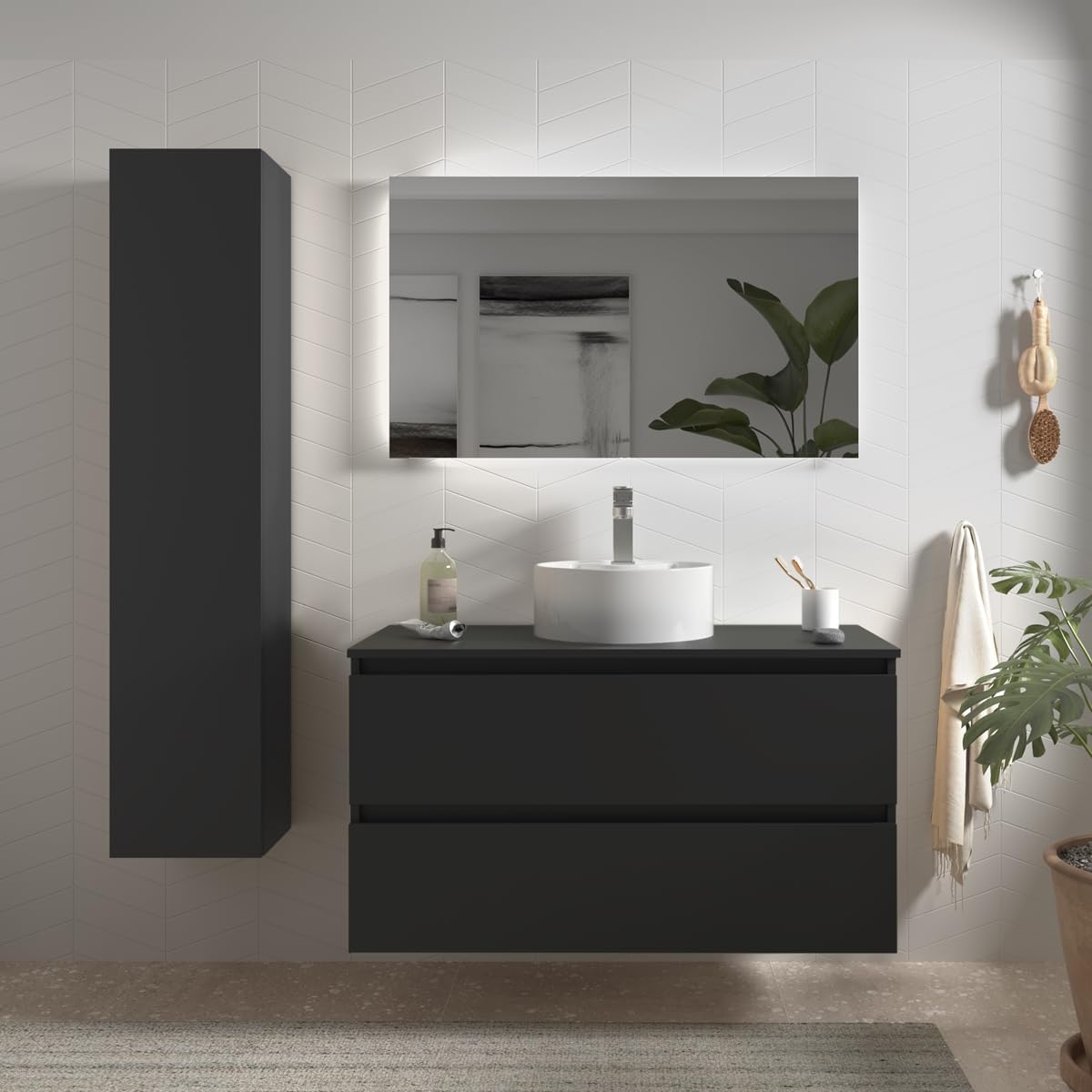 Salgar Mueble de baño Bequia 100 cm con Lavabo 100% montado de fábrica | Acabado Negro Mate suspendido 2 cajones Cierre amortiguado Apertura con uñero | Lavabo sobre encimera