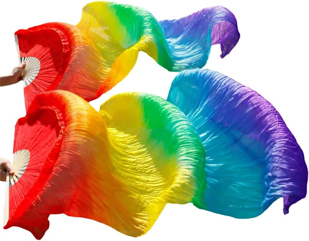 Women Belly Dance Silk Fan 100% Real Silk Long Silk Fans 1 Pair Handmade Gradient Color Practice Dancing Fans