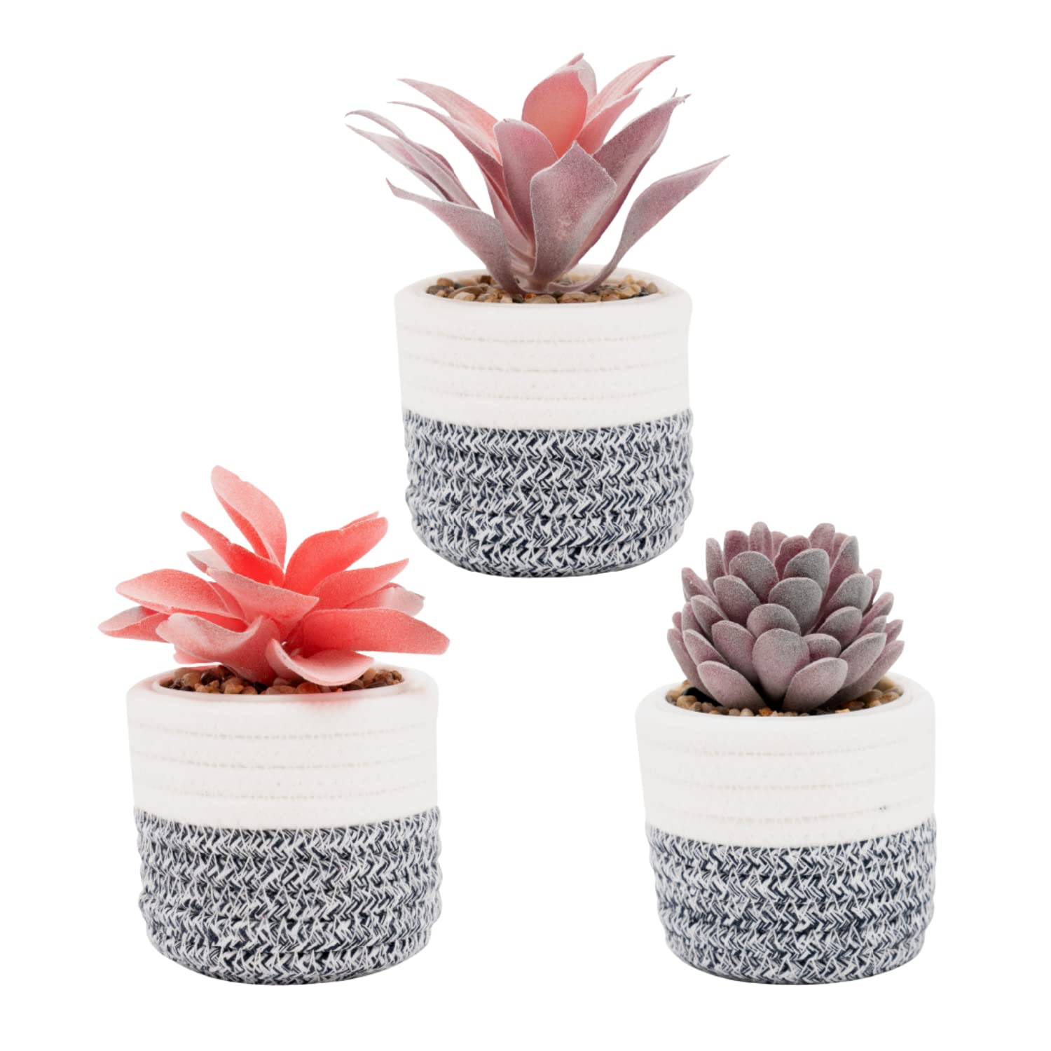 VIVERIE 3Pcs Fake Succulent Plants in Boho Removable Rope Basket Pot Set- Farmhouse Faux Cactus Plant for Home Decor Indoor Bedroom Bathroom Office Desk Shelf Boho Room Kitchen Decor and Accessories