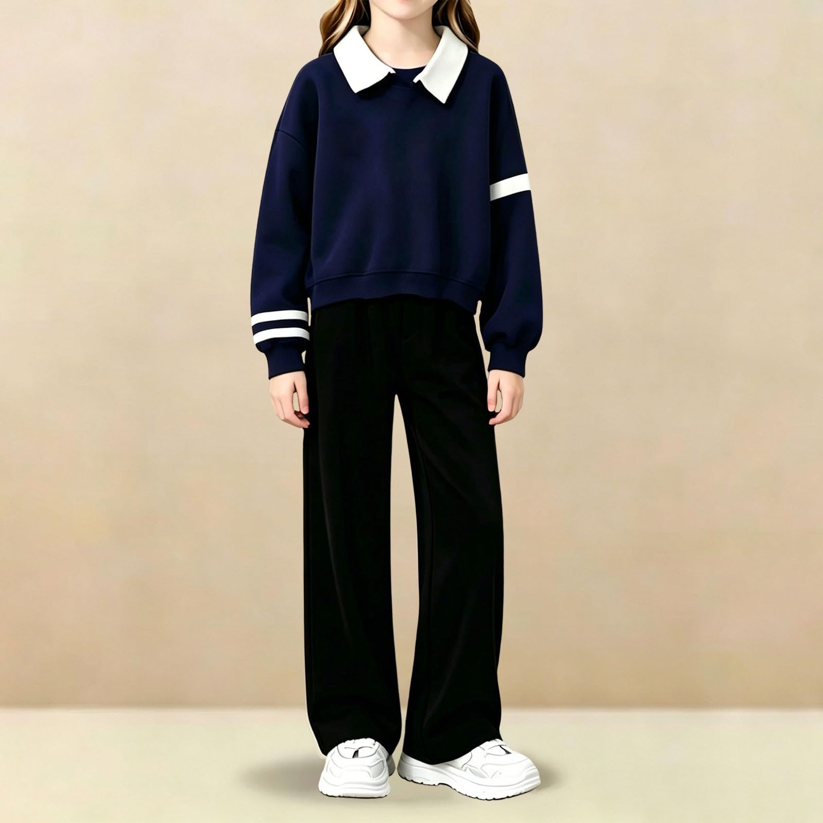 WINWUQB - Tuta da ragazza con colletto e gamba larga, set da 2 pezzi | Accogliente Scuola Morbido Outfit Maglione Pullover Felpe Pantaloni Autunno Inverno Casual Bambini Tuta