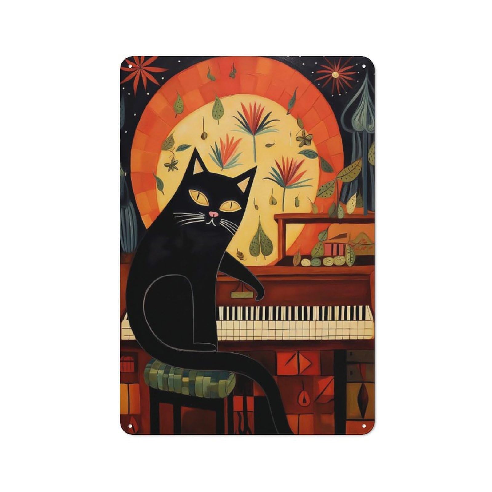 Junmoney Style-24 Rustic Tin Sign 30X20cm Featuring Black Cat Play The Piano For Café Or Home Bar, Gift Idea At Christmas For Hospitality Decor Collectors