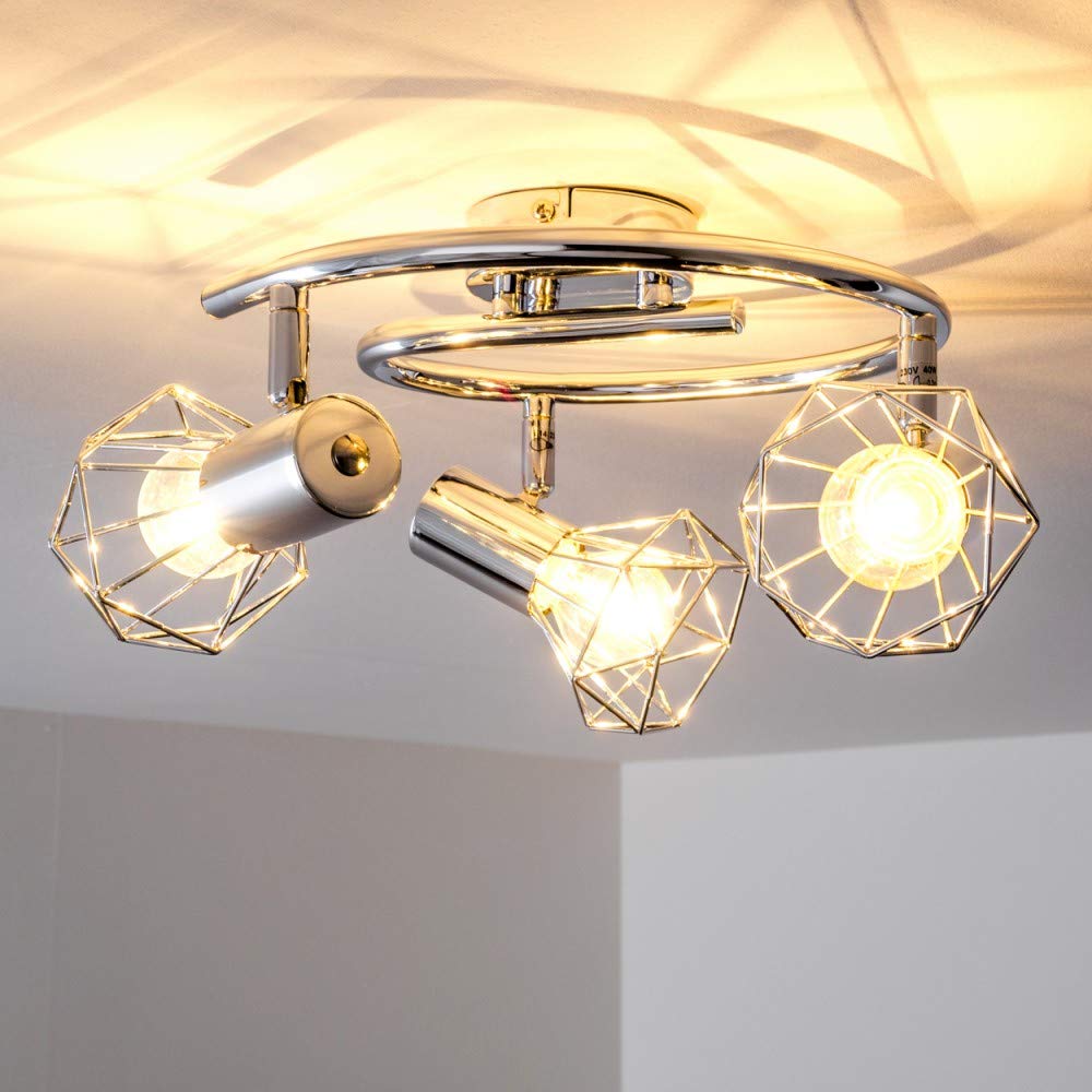 Plafoniera Orebro, plafoniera rotonda in metallo cromato, 3 luci, con faretti regolabili, 3 x attacco E14, spot dal design retrò/vintage, senza lampadina/e