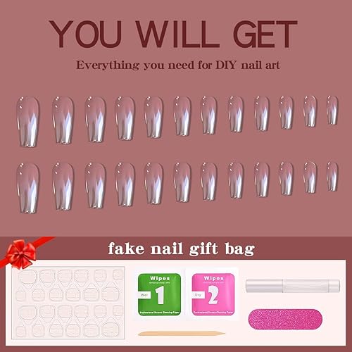 Miniatura 5 de Juego de 24 uñas postizas a presión, cromadas medianas con pegamento para uñas, reutilizables, uñas postizas de gel