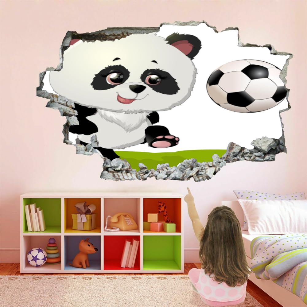 Adesivi Murali Murales Fracassati 3D Panda Decalcomanie Per Pavimenti In Impermeabile Art Calcio Per La Camera Da Letto, La Decorazione Della Parete Della Scuola Materna 120x80cm