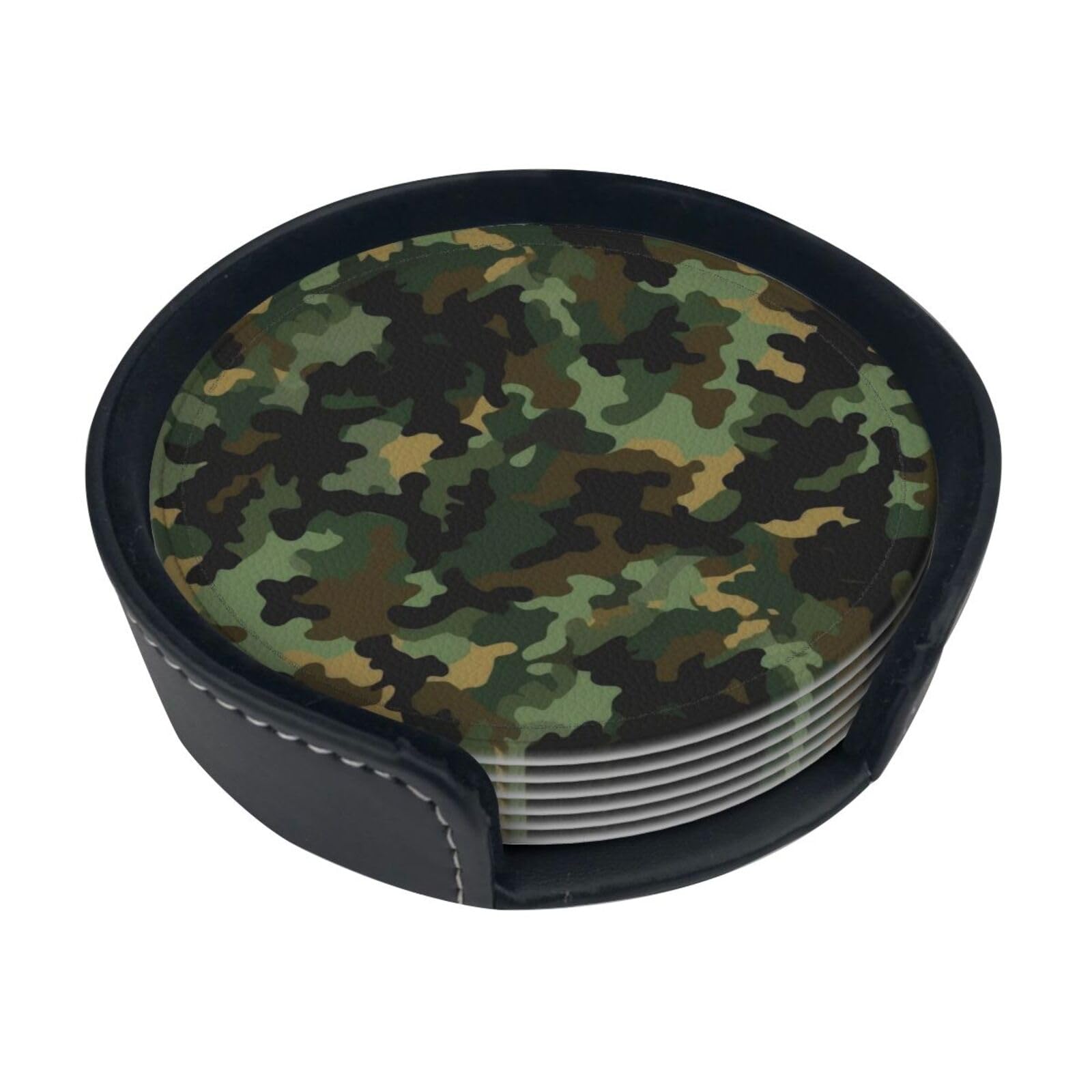 Ykclkshka White Camouflage Pattern Round Leather Coasters (6 Pieces) - Drink Coaster Set For Desk, Modern Easy To Clean Home Office & Farmhouse Coasters