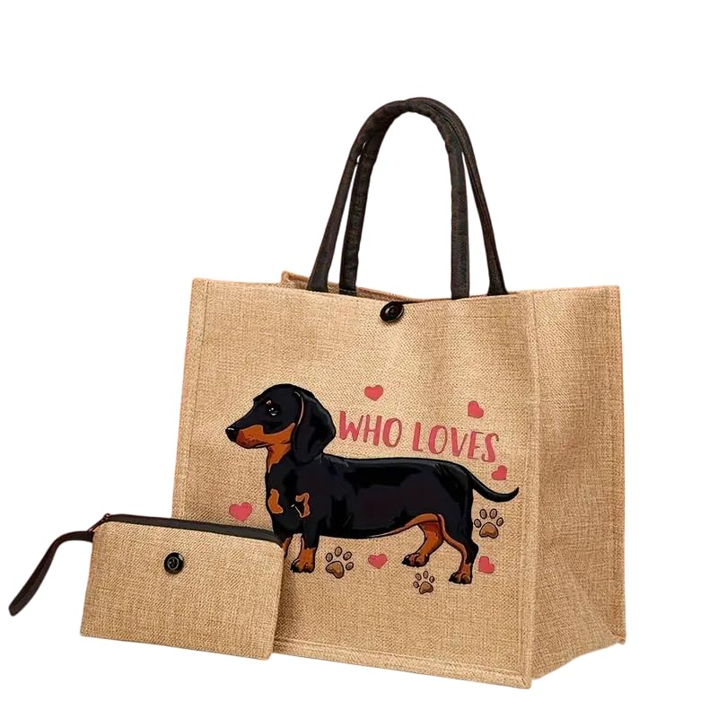 Tragetasche mit großem Fassungsvermögen, Motiv: Dackel, mit Mini-Tasche, leicht, langlebig, perfekt für Reisen, beige, 34cm x 30cm x 14cm