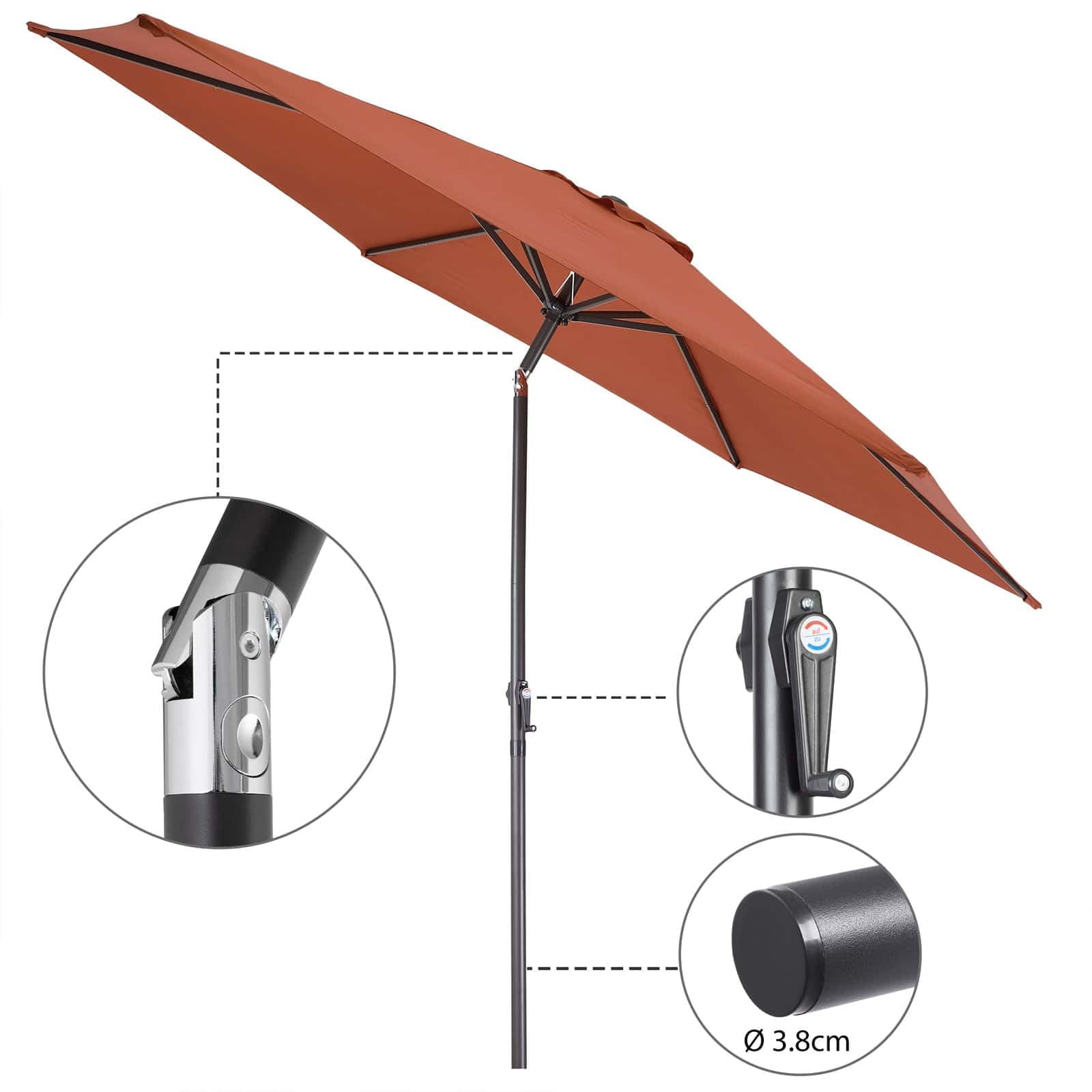 Kingsleeve® Sombrilla de Jardin, Parasol 300cm Grande Protección UV 80+ Manivela Inclinable Orientable, Aluminio Balcón Terraza Sombrillas para Patio Piscina Parasoles Mercado Terracota