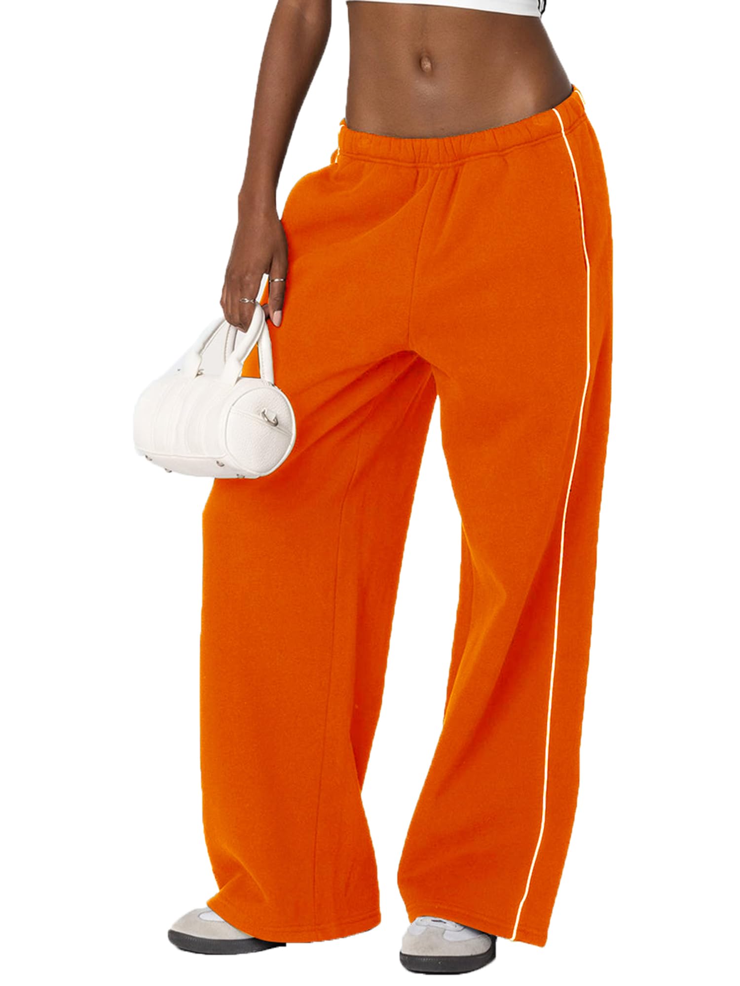 Miolasay Women Lightweight Loose Fit Joggers Sweatpants Solid Color Straight Pants Drawstring Elastic High Waist Wide Leg Trousers (C-Orange, S)