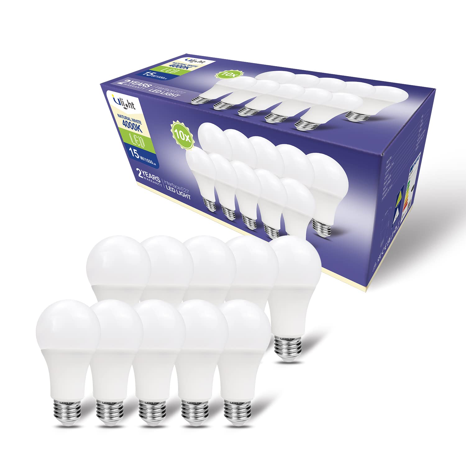 ULIGHT Lampadina LED A65 a Goccia da 15W, Equivalente Incandescente da 120W, Luce Bianca Naturale 4000K, 1550lm, Fascio Luce 170°, 220-240V Attacco E27, Confezione da 10