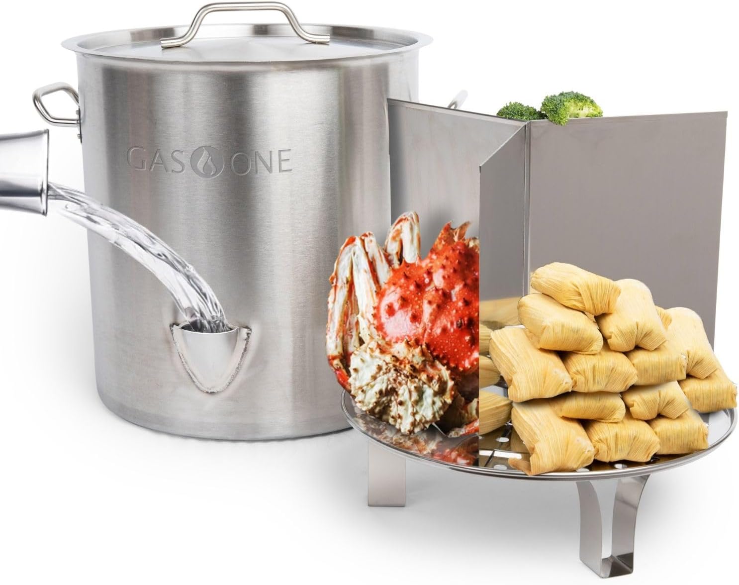 GasOne Stainless Steel Steamer – 40qt Steamer Pot for Cooking with Water Fill Spout, Rack, Divider – Steam Pot for Tamales and Crab Boil – Induction Ready 40 Quarts