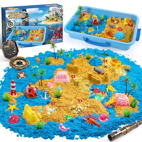 KNASON Piraten Schatzkiste Sand Toy Set Junge,Zaubersand Koffer mit 1KG Magic Toy Sand,im Dunkeln leuchtende Edelsteine und Karte,Rollenspiel Sandkasten Spielzeug für Kinder ab 3 4 5 6 7 8