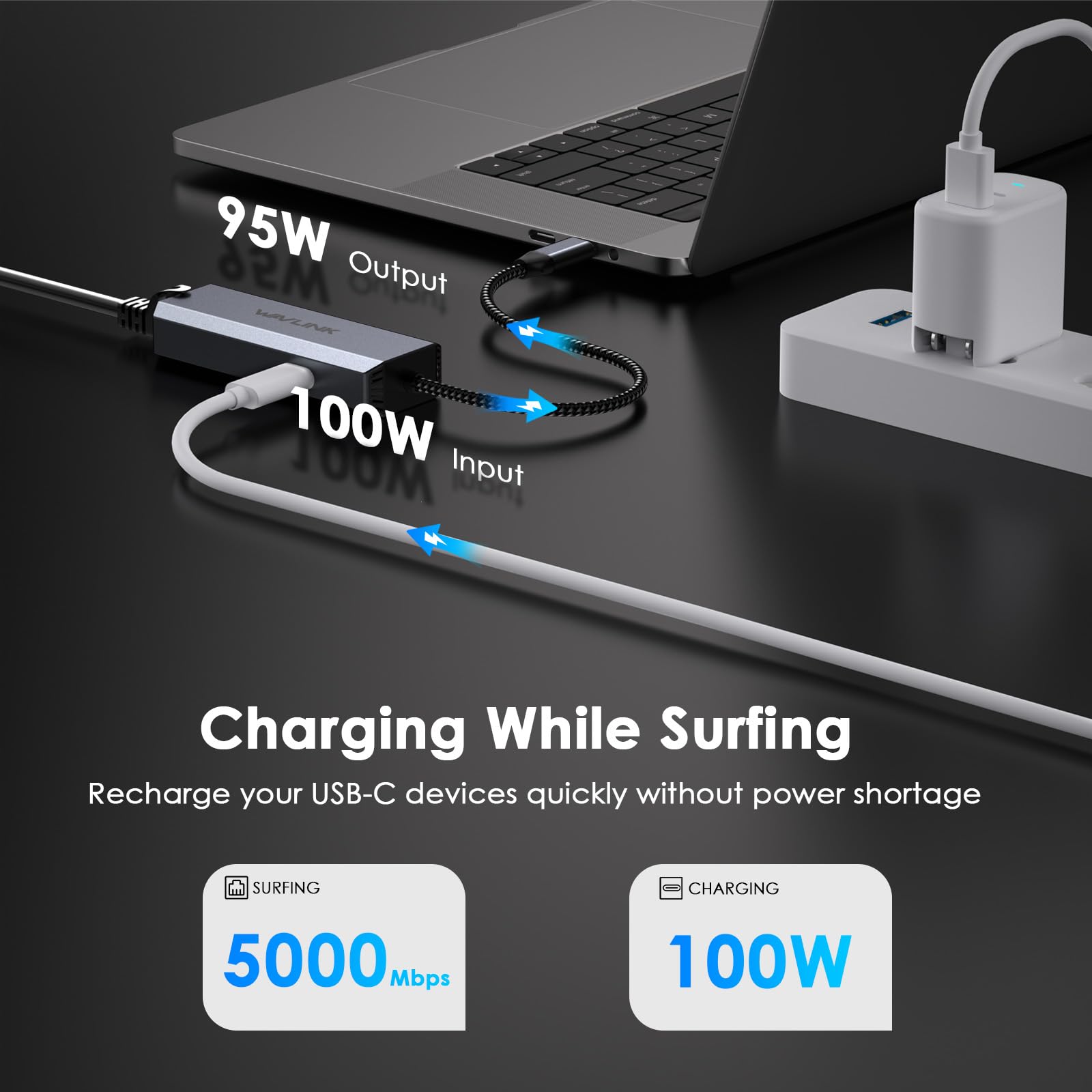 WAVLINK USB-C to Ethernet Adapter with 95W PD - 5Gbps High-Speed, Driver-Free Type-C to RJ45 Ethernet LAN Network Adapter Thunderbolt 5/4/3 Compatible for MacBook Pro/Air, iPad Pro, Dell XPS