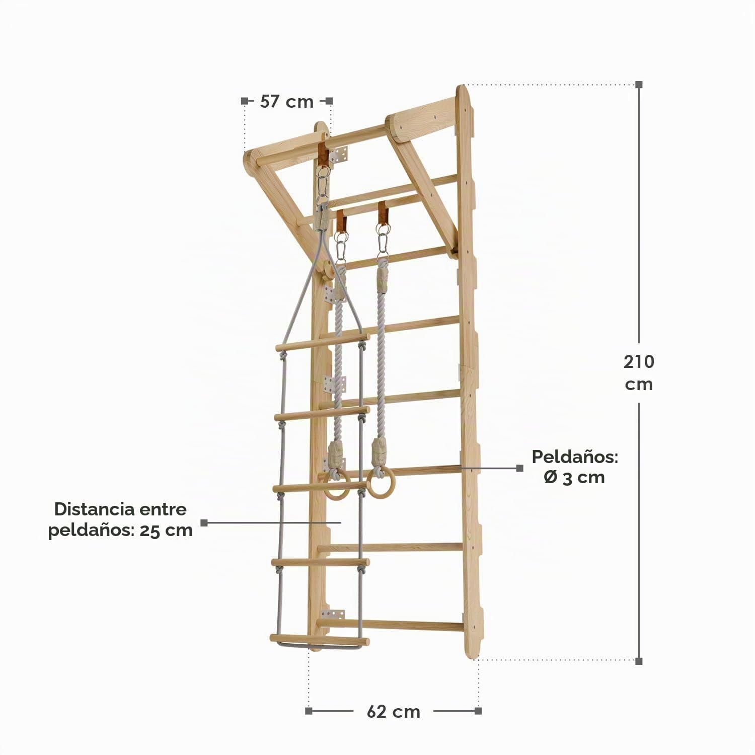 Juskys Espaldera para Niños - con Barra de Tracción, Estructura de Escalada Interior con Anillos de Gimnasia y Escalera de Cuerda, Pared de Escalada para Habitación Infantil, Barra Deportiva