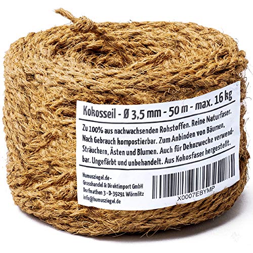 Humusziegel - Kokosseil 3.5 mm x 50 m - ungefärbte Naturfaser – Baumanbinder, Paketschnur, Pflanzenband & als Deko