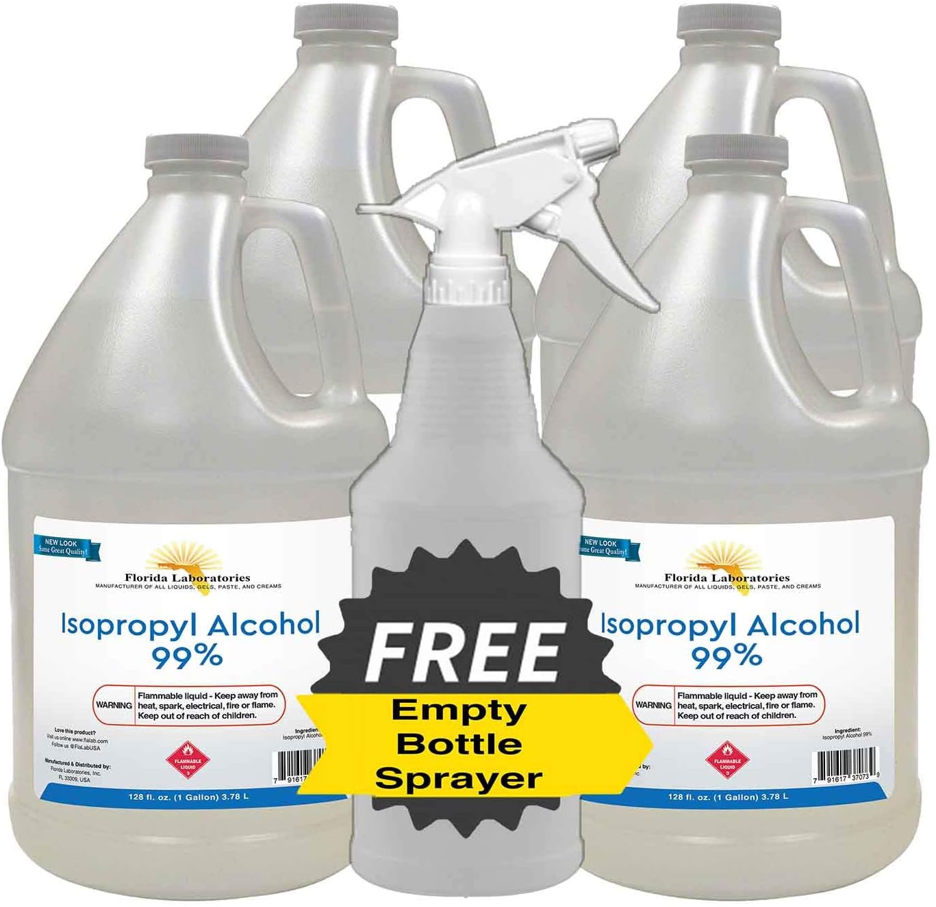 Florida Laboratories Isopropyl Alcohol 99% Anhydrous, 4 Gallon Pack with Empty Spray Bottle Included
