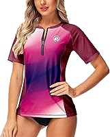Vista 1 de AOBUTE Camiseta de surf con cremallera de manga corta con gradiente UPF 50+ para mujer