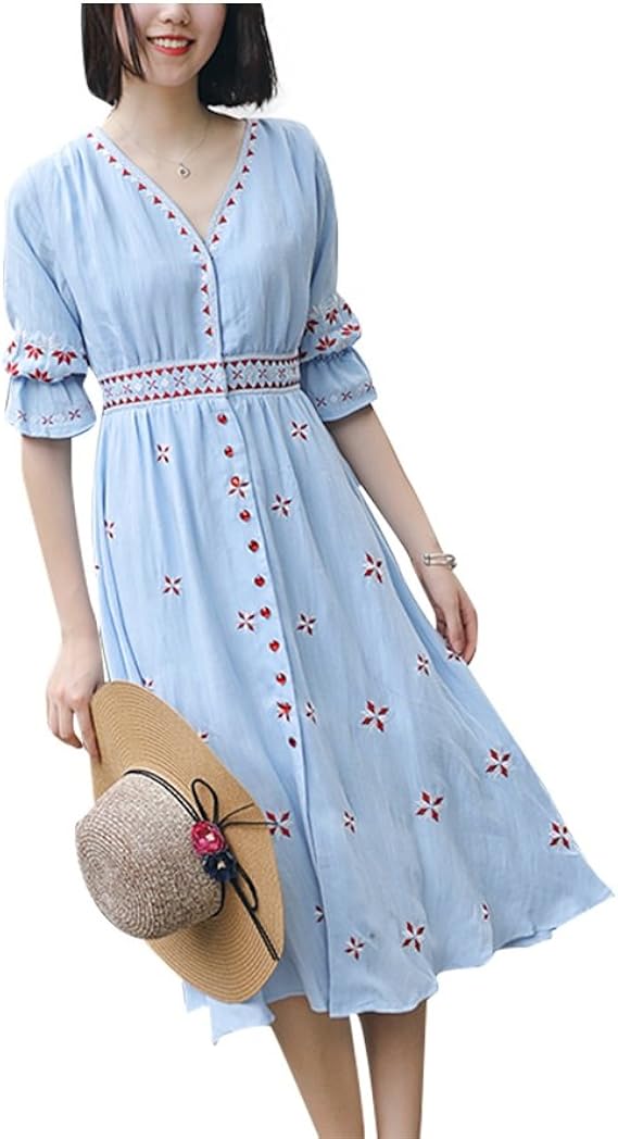 Amazon Co Jp Dolly Para 綿麻 好品質 柄刺繍ワンピース 水色 7分袖 膝丈 涼しい 民族風 夏秋 服 ファッション小物