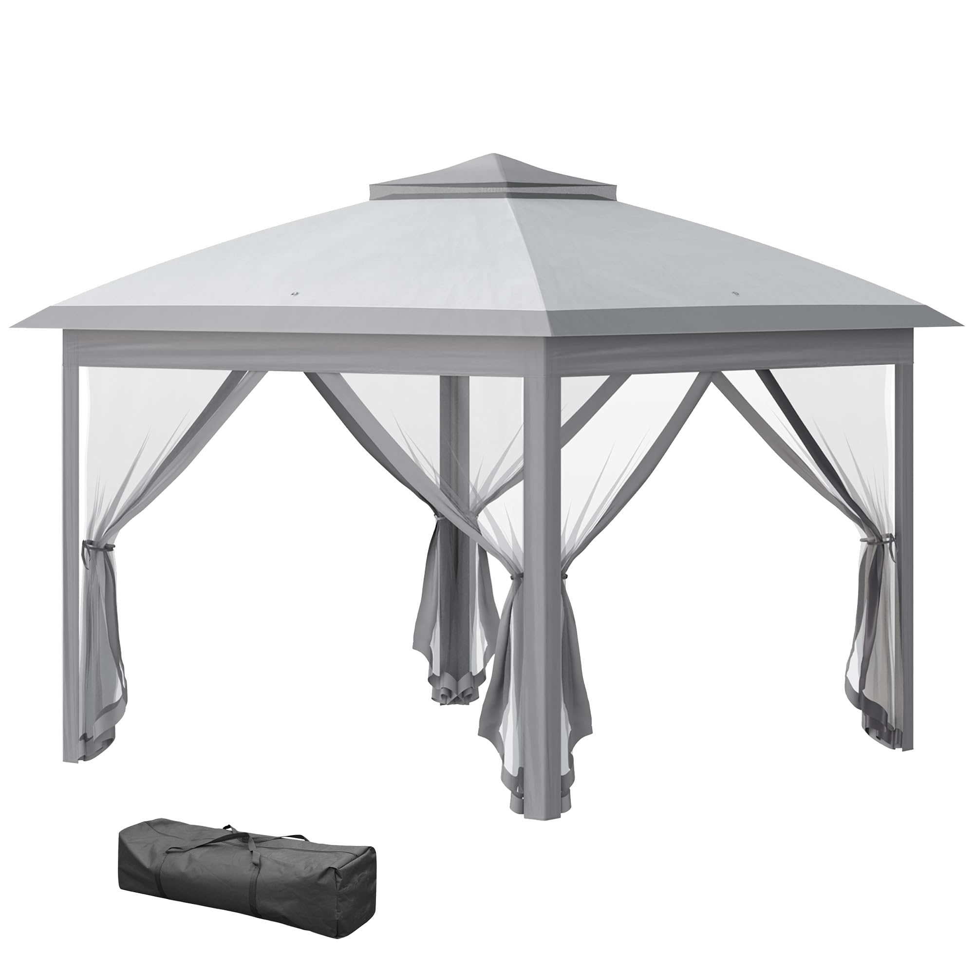 Outsunny 3.3 x 3.3m Pop Up Gazebo, Double Roof Foldable Canopy Tent with Zipped Mesh Sidewalls, Height Adjustable and Carrying Bag, Event Tent for Patio Garden, Grey