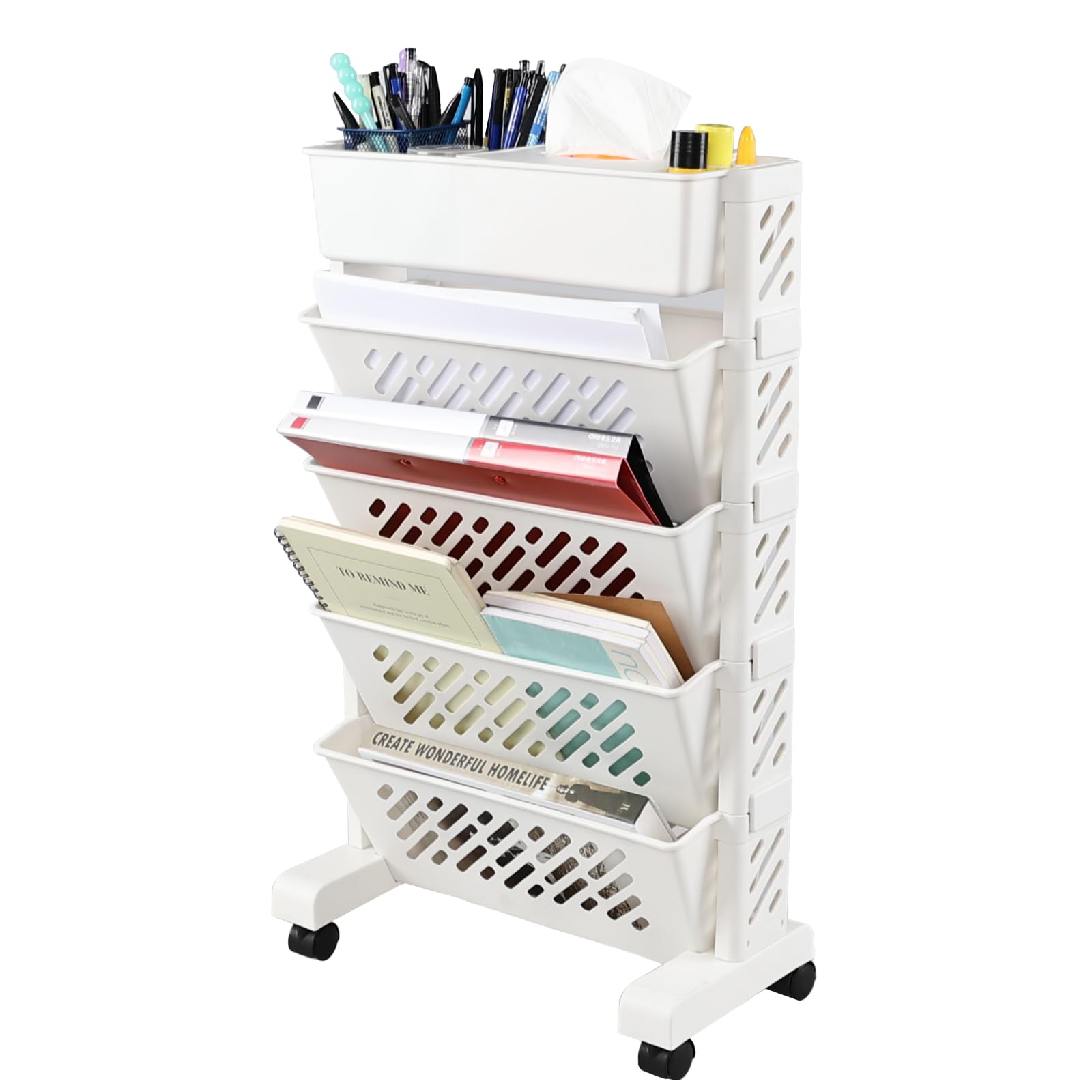 Carrito móvil de 5 niveles con ruedas, estantería rodante delgada, color blanco