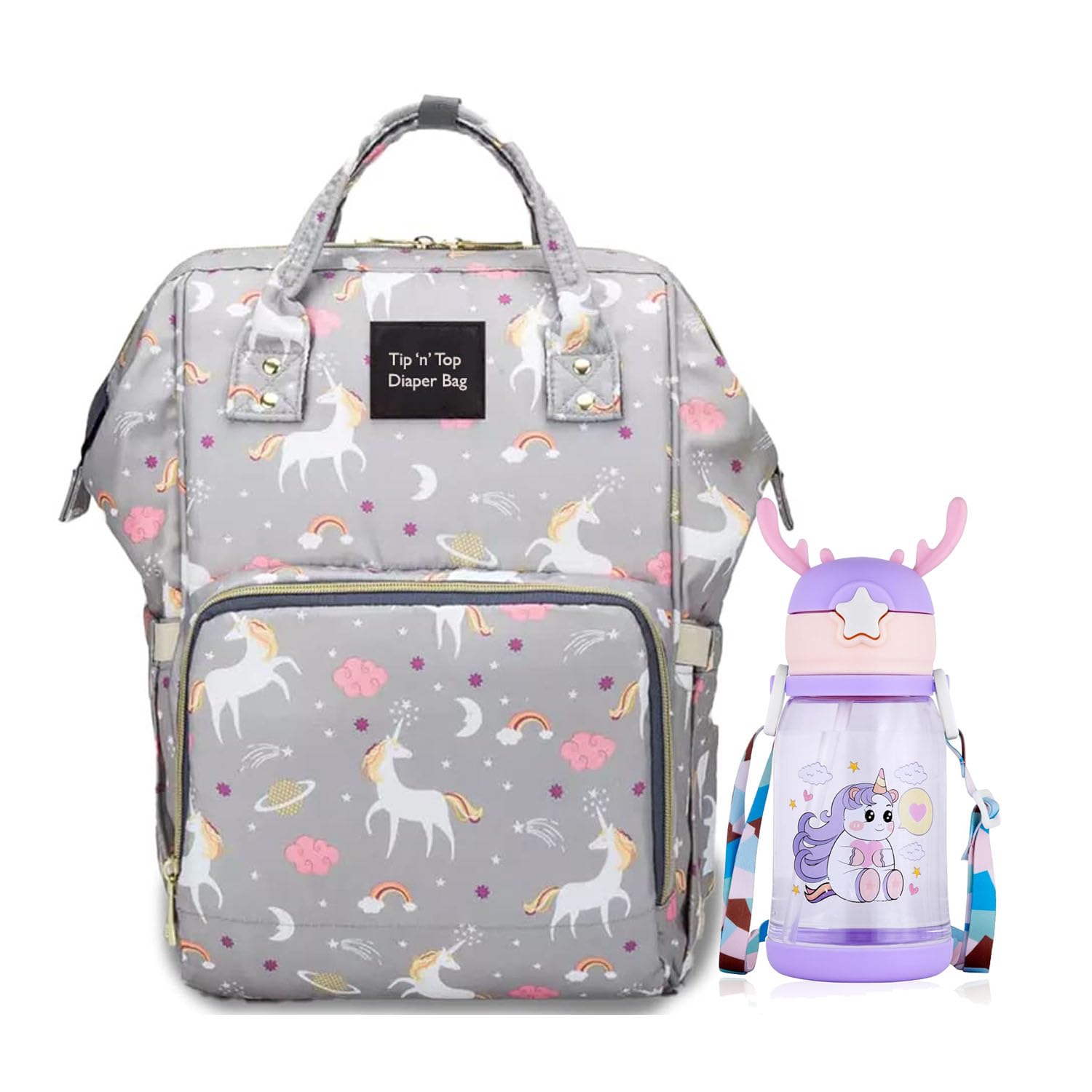 Divine Mart Baby Diaper Bag Kids Travelling Bag with Insulated Bottle Pockets for Toddlers & Infants (Unicorn Grey Bag & Bottle)-image-48