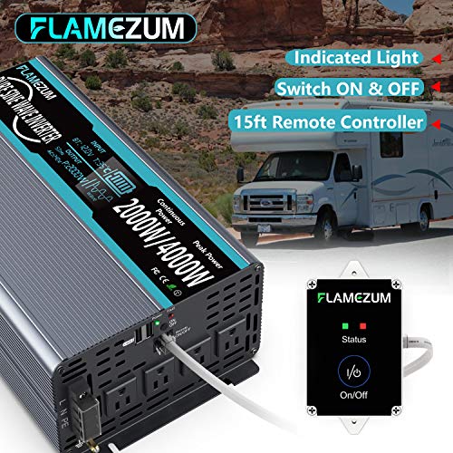 FLAMEZUM Power Inverter Pure Sine Wave 2000Watt 12V DC to 110V 120V Peak Power 4000Watt with Remote Control Dual AC Outlets and Dual USB Port for CPAP RV Car Solar System Emergency