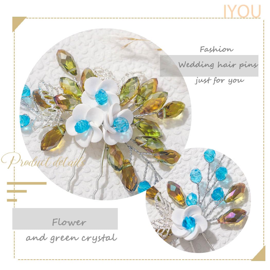 IYOU Bridal Wedding Hair Pins Flower Green Hair Clips Crystal Hair Pieces Prom Bride Hair Accessories for Woemen(Pack of 2) - Image 3