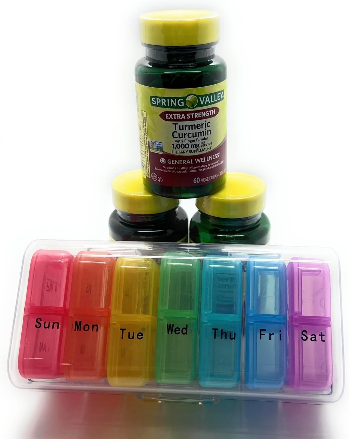3 Bottles of Spring Valley Turmeric Curcumin W/Ginger Supplement, 1000mg, 60 Capsules Each Bottle. Plus Bonus 7 Day Pill Case.